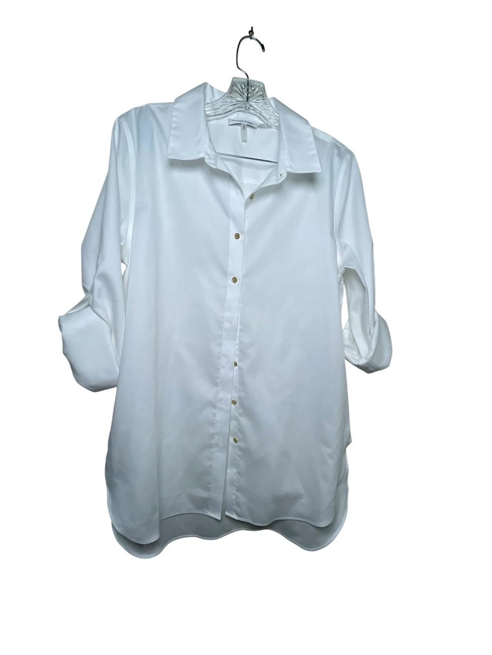 Calvin Klein Women's Size Medium White Satin-Like Button-Up Shirt Gold Buttons